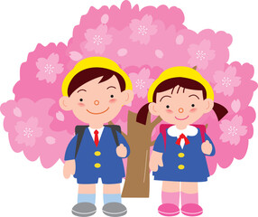 満開の桜と小学生
