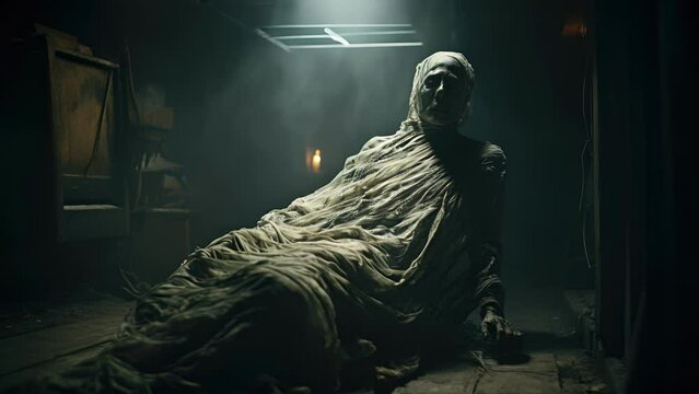 In the dimly lit chamber a mummified figure lies in wait a severe and haunting presence pervading the air.