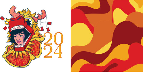 illustration of Chinese New Year 2024, girl in a cute dragon mask. Background included. vector illustration