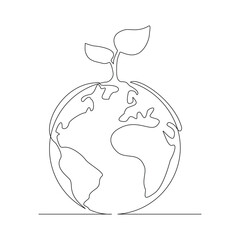 Continuous single line sketch drawing of the earth covered with plants green nature save earth. One line art of earth day concept vector illustration