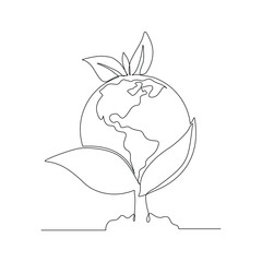 Continuous single line sketch drawing of the earth covered with plants green nature save earth. One line art of earth day concept vector illustration
