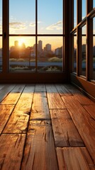 Wooden floor and window in golden hours shine light silhouette