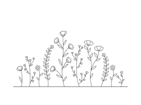 Hand-drawn wild flowers sketch set isolated on white background. Spring herbal design. Black Silhouettes Of Grass, Flowers And Herbs. © yoojin