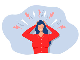 Unhappy girl suffers from  headaches and migraines. Symptoms of a viral disease.Vector illustration in flat cartoon style.