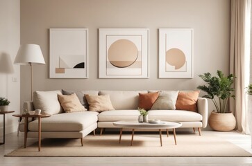 Fototapeta na wymiar Interior home design of modern living room with beige sofa and white wall with art poster frames