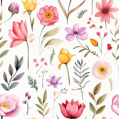 Seamless pattern of Asian flowers, watercolor, Wrapping paper pattern