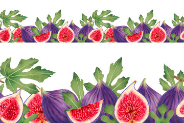 Fruit seamless fig border. Halves, whole, pieces of purple figs with leaves. Hand-drawn marker and watercolor illustration. Horizontal banner or frame for farmers market design, food packaging.