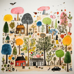 Kids drawing of a colorful fruit orchard with trees by Generative AI