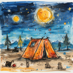 Kids drawing of a cozy campsite under the stars with a campfire by Generative AI
