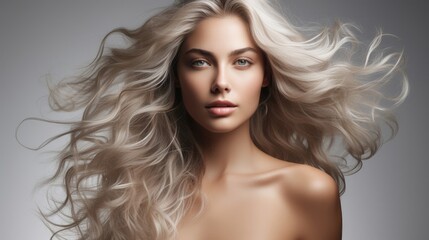 Frontal portrait of beautiful woman with long blonde hair, can be used for ad