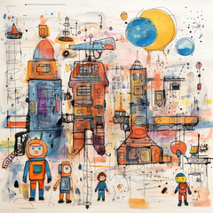 Kids drawing of a bustling space station with astronauts by Generative AI