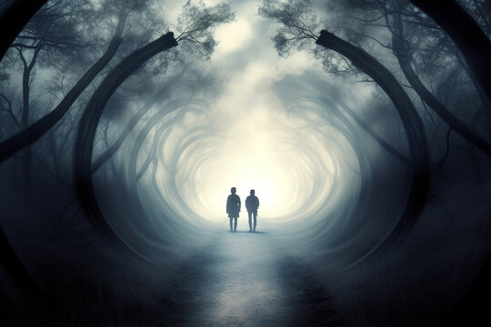 States of mind, love and friendship, fantasy concept. Two people silhouettes walking on path in surreal world landscape background with copy space