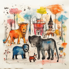  Kids drawing of a mysterious jungle with exotic animals by Generative AI