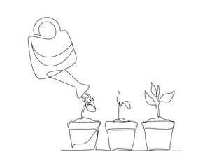 Continuous single line sketch drawing of watering can plant tree seedling growth. One line art of nature agriculture farming economy growing vector illustration