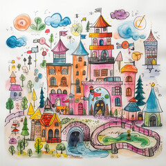 Kids drawing of an enchanted princess castle with gardens by Generative AI