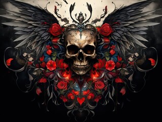 Gothic Heart Symbol with Decorated Wings and Skull  Dark Fantasy Illustration