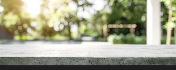 Rustic elegance in nature. Empty stone table in beautiful garden providing stunning background for design and display perfect for summer relaxation - obrazy, fototapety, plakaty