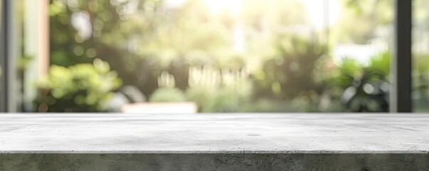 Fototapeta premium Rustic elegance in nature. Empty stone table in beautiful garden providing stunning background for design and display perfect for summer relaxation