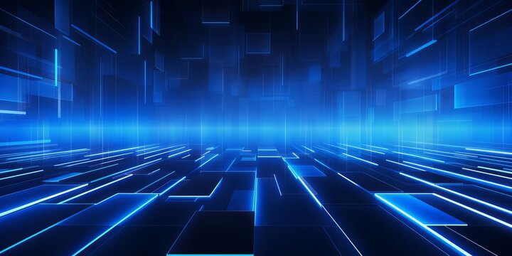 Neon Brilliance in Hi-Tech Digital Tunnel Unveiling Blue Background.