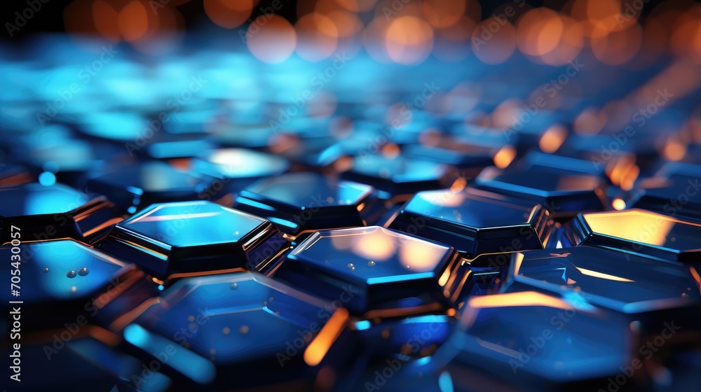 Poster abstract blue tech hexagonal background with gold sparkles