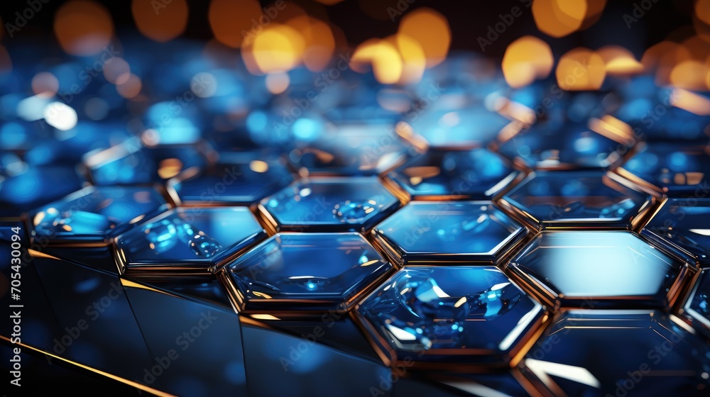 Poster abstract blue tech hexagonal background with gold sparkles