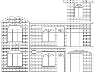 Vector sketch illustration of technical design looking vintage classic colonial house