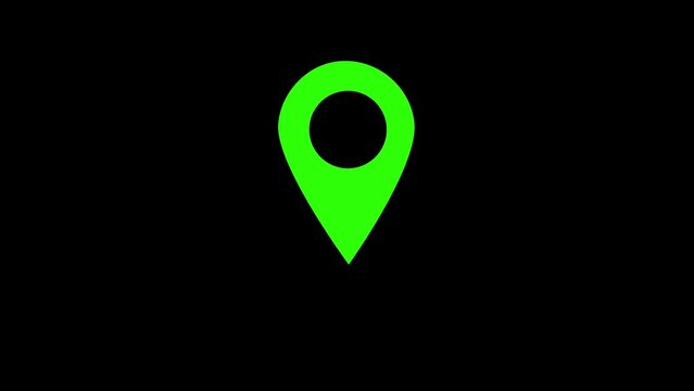 Location map pin pointer on GPS Map tracker animation. Appearing pointer for a map. Looping animation of green color map location pin bouncing on black background.