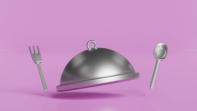 silver plate with food cover, spoon, fork, question mark isolated on pink background. eat what concept, alpha channel