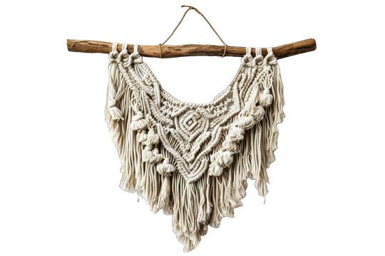 macrame wall hanging suspended from a wooden rod