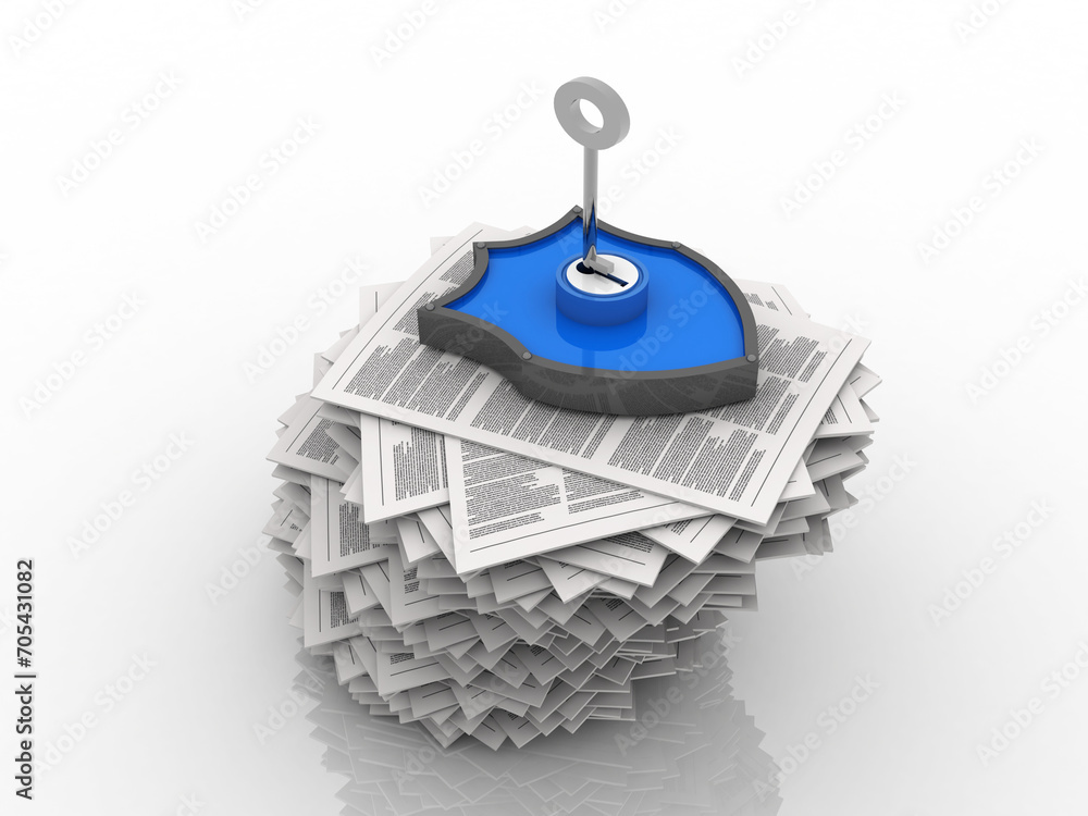 Poster 3d rendering documents on shield