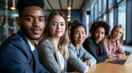 Obraz premium Confident Young Black Man with Diverse Colleagues in a Business Meeting