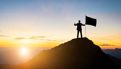Silhouette businessman atop mountain holds blank flag, symbolizing success, leadership, and opportunity in bright sunlight