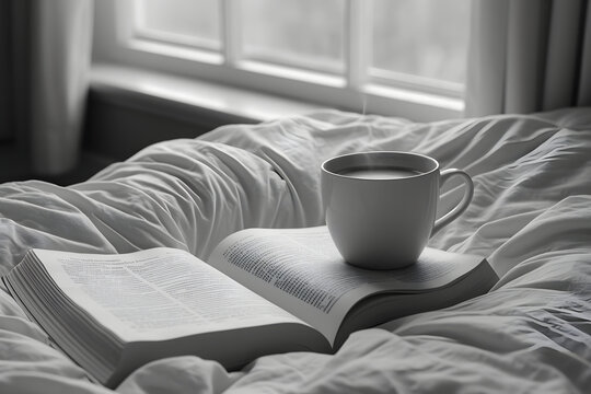 Black and white image of a cozy scene with a cup of coffee and an open book on a bed, natural light from a window.