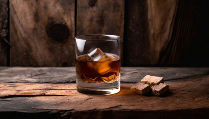 Elegant whiskey glass on rustic wooden surface, evoking warmth and sophistication