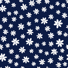 Seamless pattern with flowers and leaves. Simple floral pattern on navy blue background.