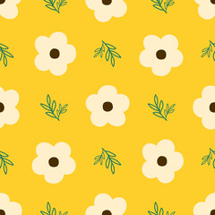 Seamless pattern with flowers and leaves. Simple floral pattern on yellow background.