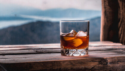 Elegant whiskey glass on rustic wooden surface, evoking warmth and sophistication