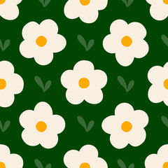 Seamless pattern with flowers and leaves on dark green background. Simple floral pattern vector.