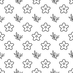 Seamless pattern with hand drawn flowers and leaves. Simple floral pattern vector.