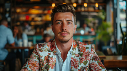 Fototapeta premium Portrait of handsome young man looking at camera while sitting in cafe. 