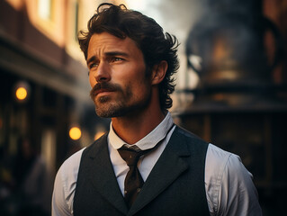 Obraz premium Portrait of a handsome man in a suit on a city street.