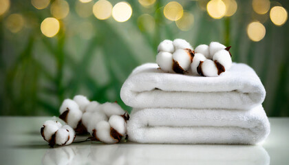 Bawełniane ręczniki z kwiatami bawełny, spa, dekoracja, generative ai