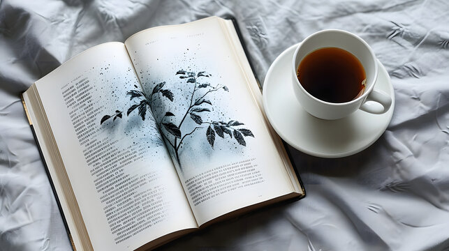 Black and white image of a coffee cup on an open book, resting on a bed with soft linens, with a window in the background.