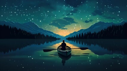 A man in a canoe on a peaceful lake looking up at an expansive sky full of stars. Psychology art concept.