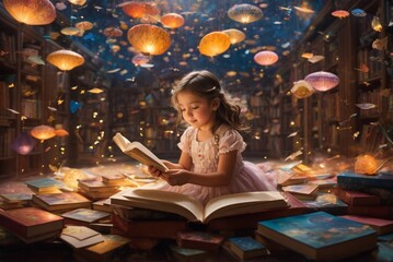 a little girl is reading a book in a library with lots of books - obrazy, fototapety, plakaty