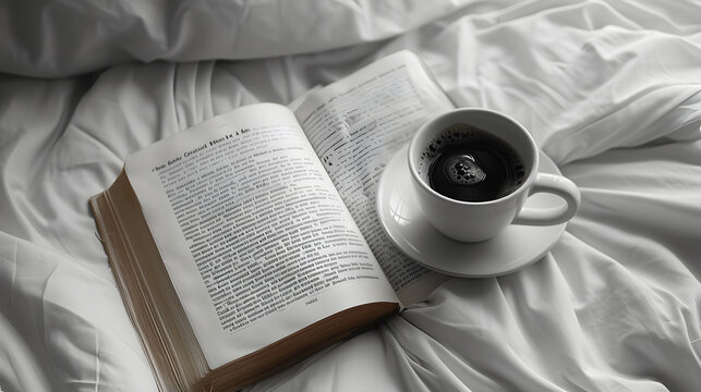 Black and white image of a coffee cup on an open book, resting on a bed with soft linens, with a window in the background.
