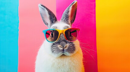  Easter rabbit in trendy sunglasses posing with abstract art  Vivid colors