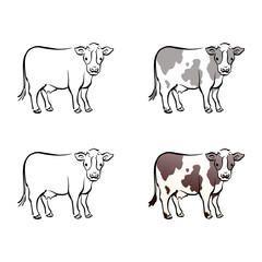乳牛の和風ベクターイラストセット（線画、影付き、白黒、グラデーション）