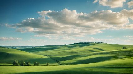 Fototapeta premium A landscape of beautiful green fields with clean blue sky