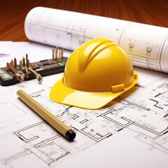 Construction site with yellow hard hat and blueprints